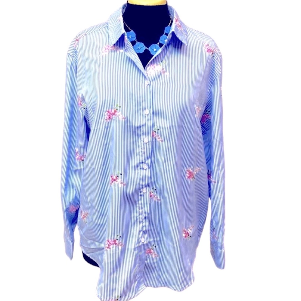 Blue & White Striped Embroidered Floral Blouse